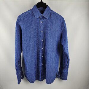 Ermenegildo Zegna Dress Shirt Blue White Striped French Cuff L/S Button Up